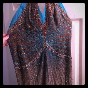 Turquoise and brown formal gown